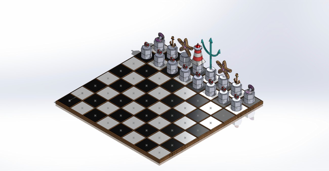 Isometric SolidWorks render of the ocean-themed chess set on the board