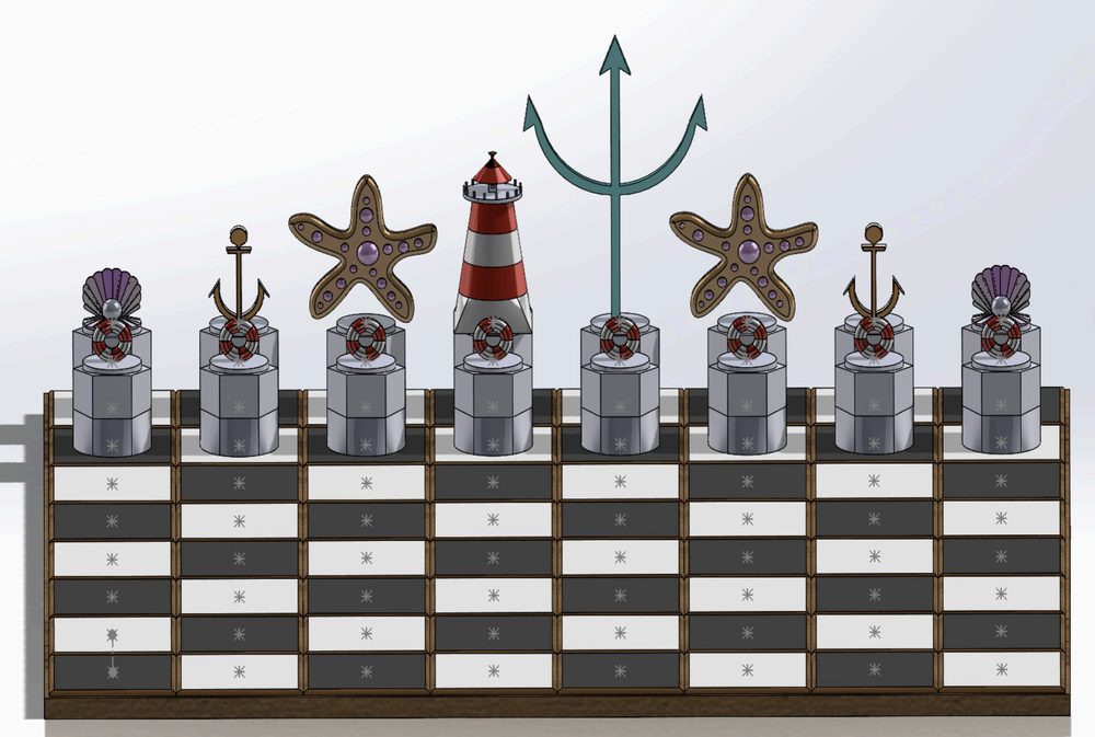 Nautical-themed chess set modeled in SolidWorks