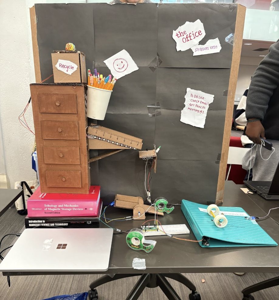 The Office-themed Rube Goldberg machine on a display table